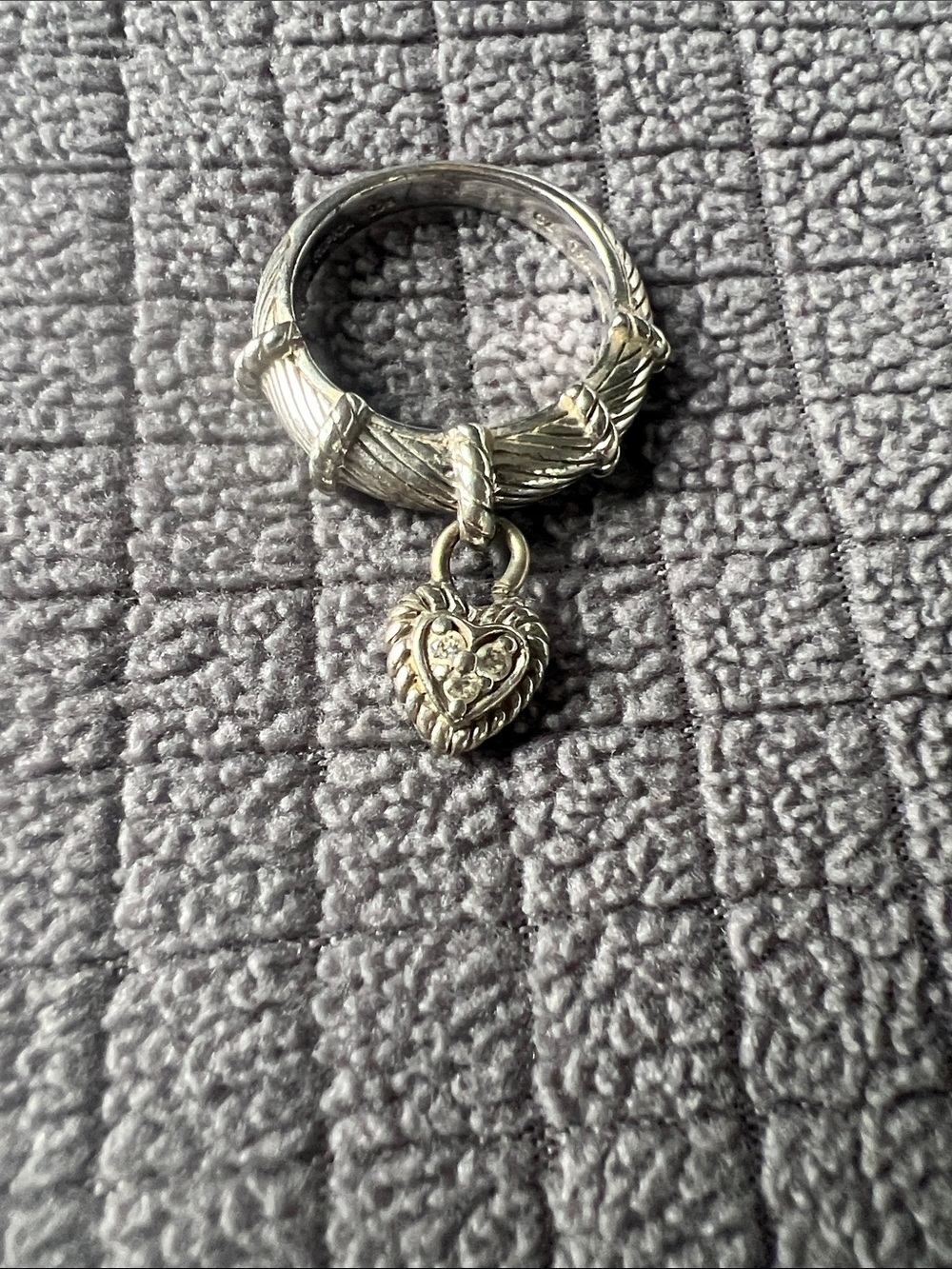 Judith Ripka Sterling Silver Rope Ring with Heart Charm and diamonique stones